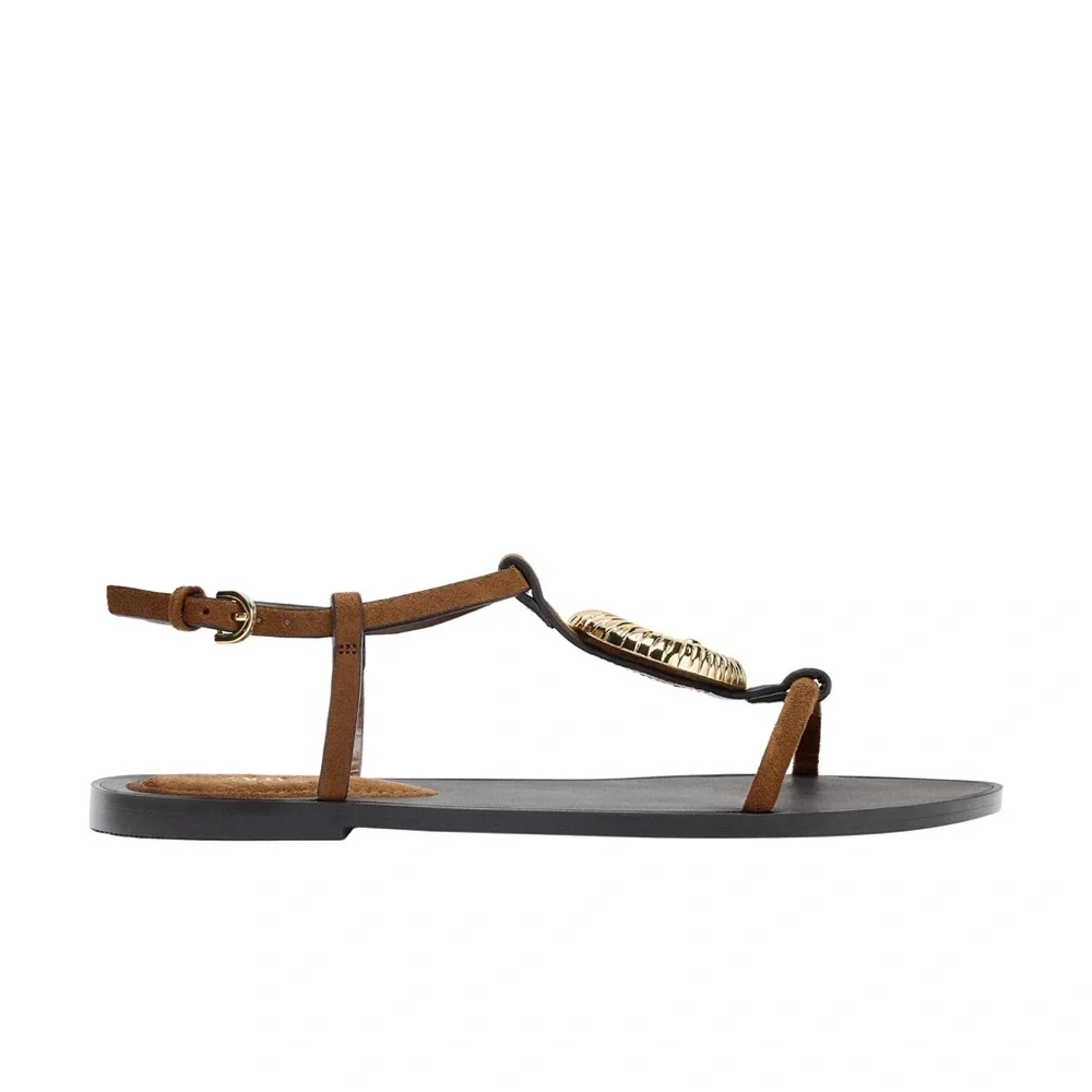 Zara Flat Sandals with Metallic Shell Trim NWT - Picture 4 of 6